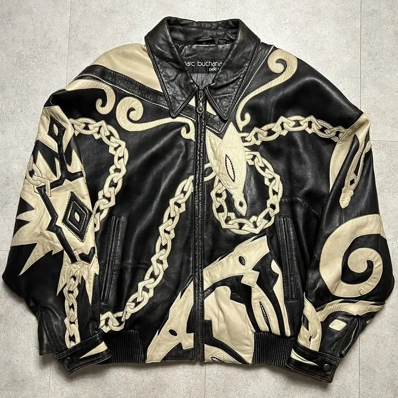 90s Pelle Pelle Chainlink Patched Black Leather Jacket image 0