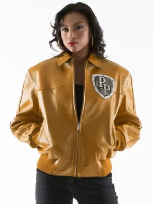 Pelle Pelle Womens Encrusted Varsity Mustard Jacket image 0