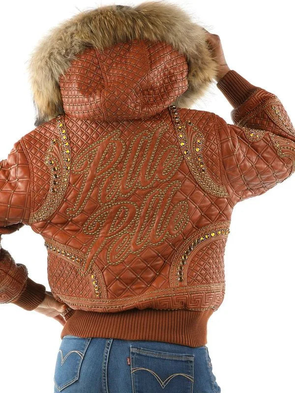 Fur Hooded Pelle Pelle Brown Studded Leather Jacket image 1