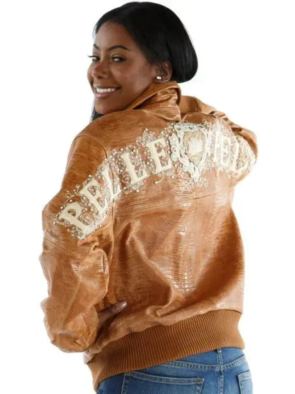 Ladies Brown Leather Jacket Shoulder Crest image 1