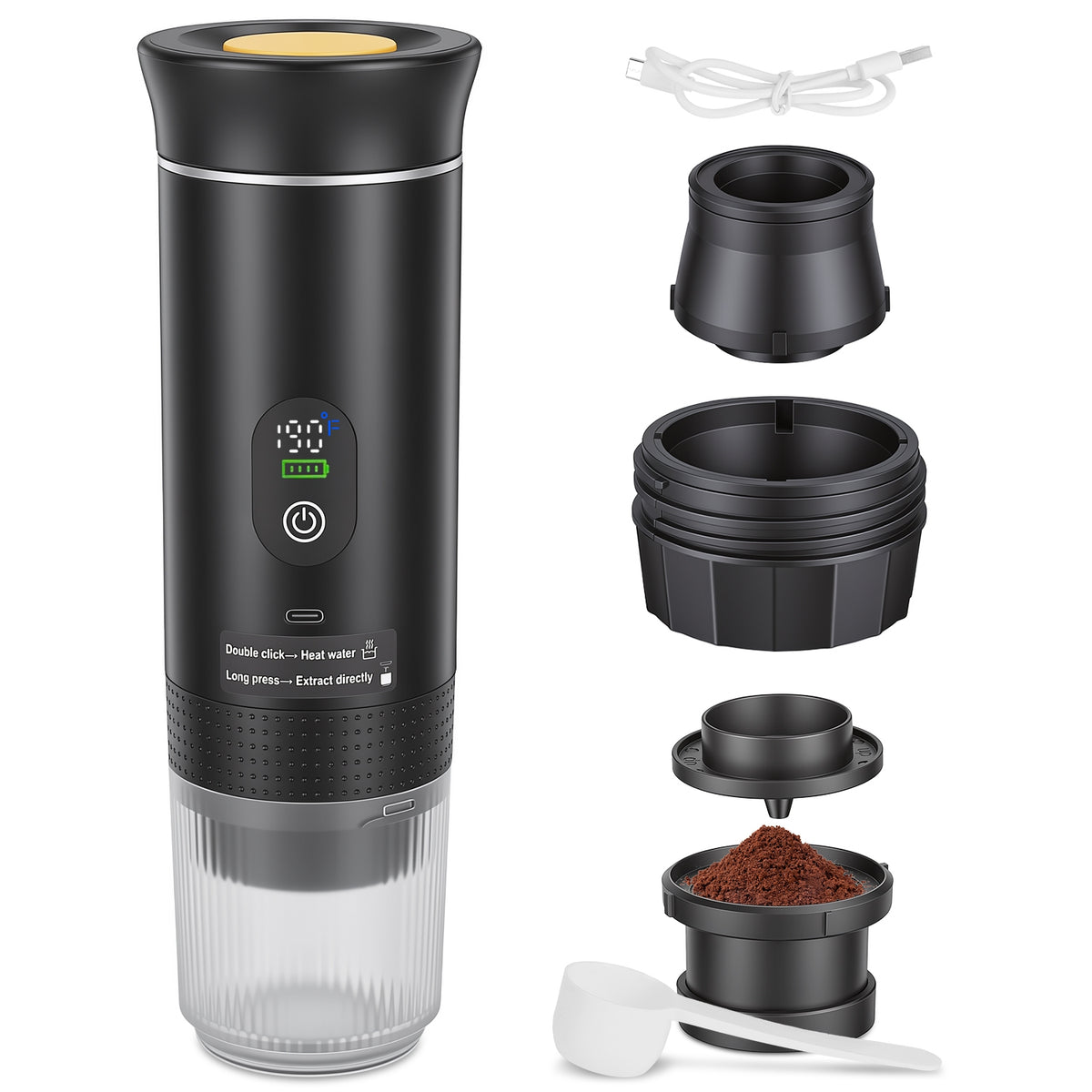 Electric coffee grinder set shown on a white background, with the assembled grinder on the left and disassembled parts on the right, plus a white charging cable and a white scoop.