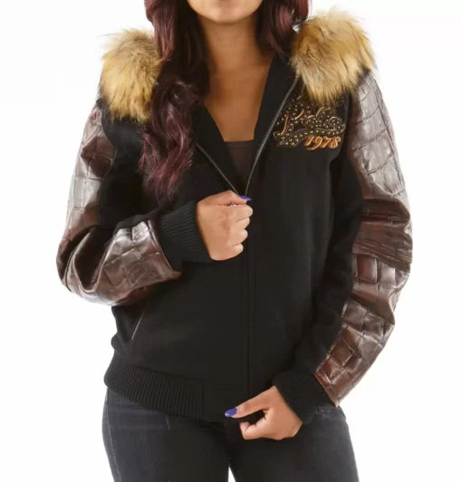 Pelle Pelle Brown Exotic Fur Hood Black Jacket image 1