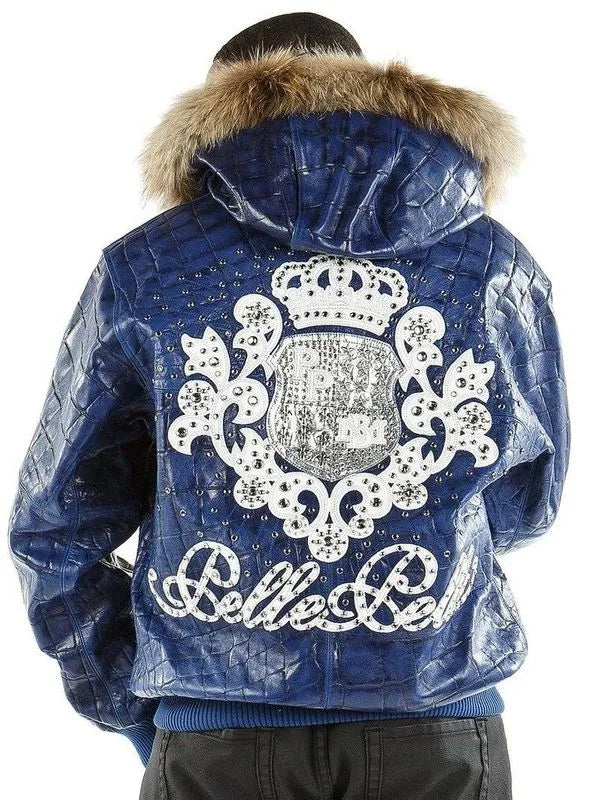 Pelle Pelle Mens Crocodile Skin Fur Hooded Blue Leather Jacket image 1