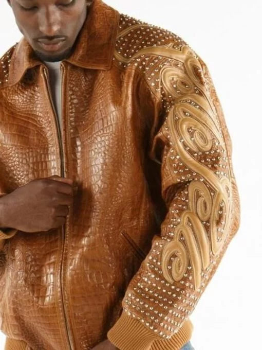 Alligator Texture Pelle Pelle Brown Leather Jacket image 0