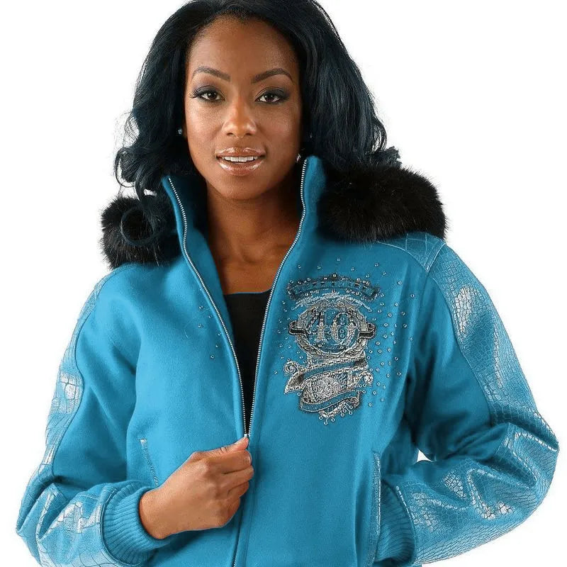 Pelle Pelle Womens 40th Anniversary Turquoise Fur Hooded Jacket image 0