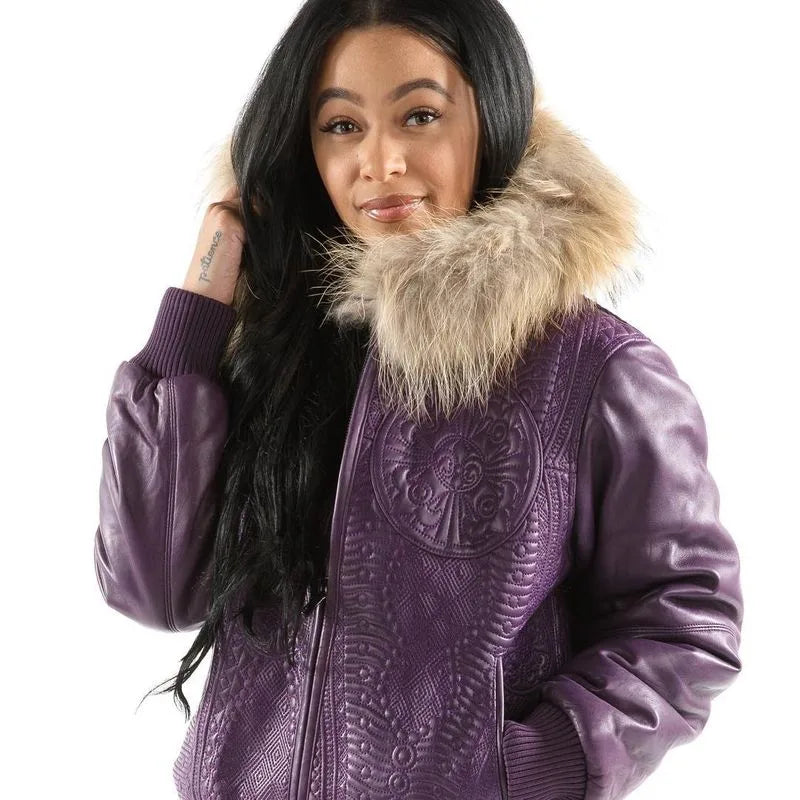 Women Pelle Pelle Fur Hooded Purple Leather Jackets image 0