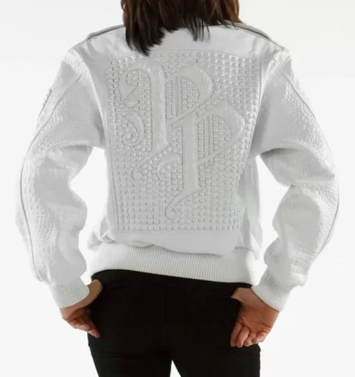 White MB Pelle Pelle Bomber Fur Studded Jacket image 1