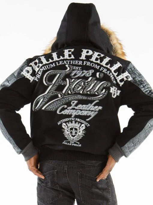 Black Pelle Pelle Exotic Fur Hood Wool Leather Jacket image 1
