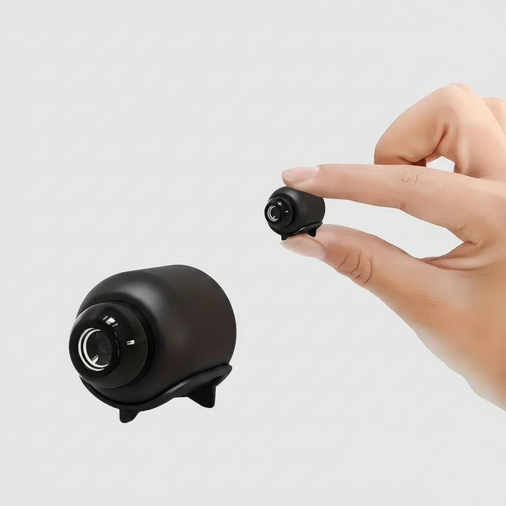 Small black camera with 'NEW WIFI' text, hand holding it, and icons indicating app features.