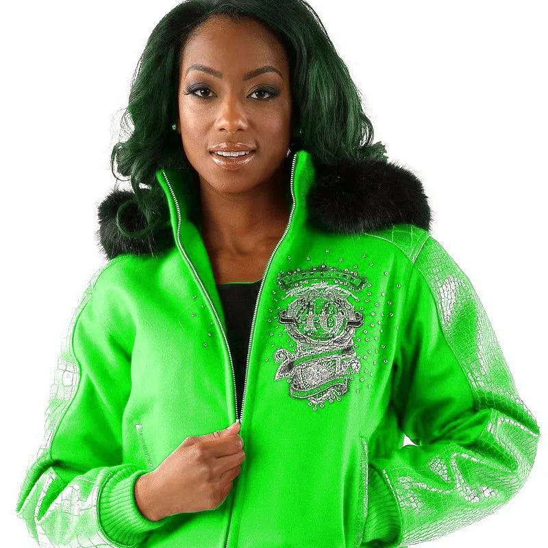 Pelle Pelle Womens 40th Anniversary Light Green Fur Hooded Jacket image 0