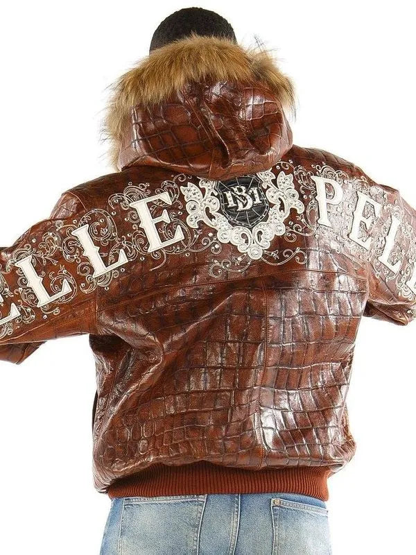 Pelle Pelle Mens Crocodile Skin Fur Hooded Brown Leather Jacket image 1