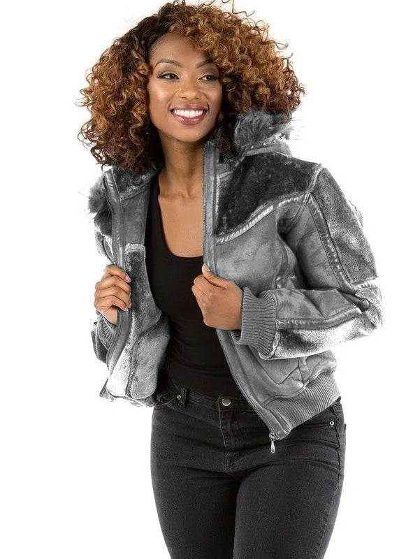 Pelle Pelle Womens Gray Fur Hooded Bomber Jacket image 0