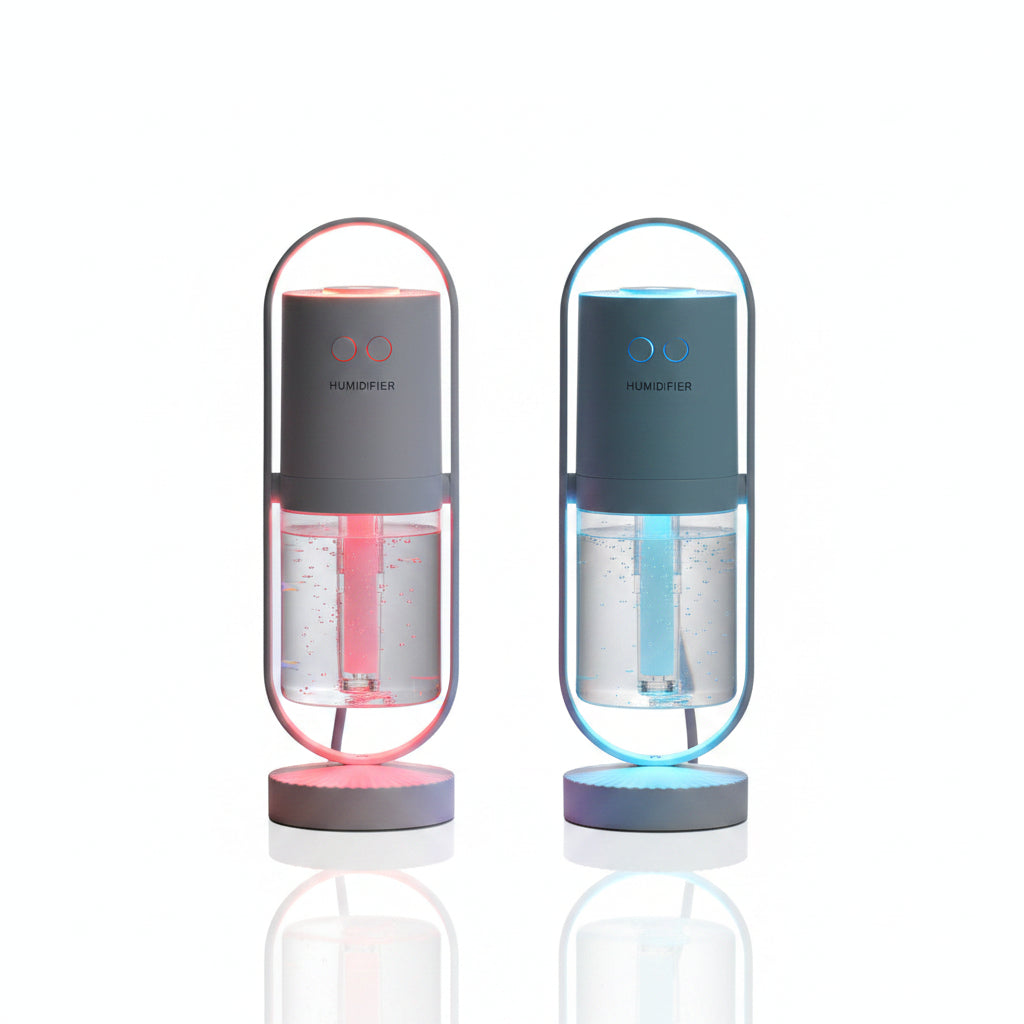 Two colorful portable lights with a gradient of blue to purple background