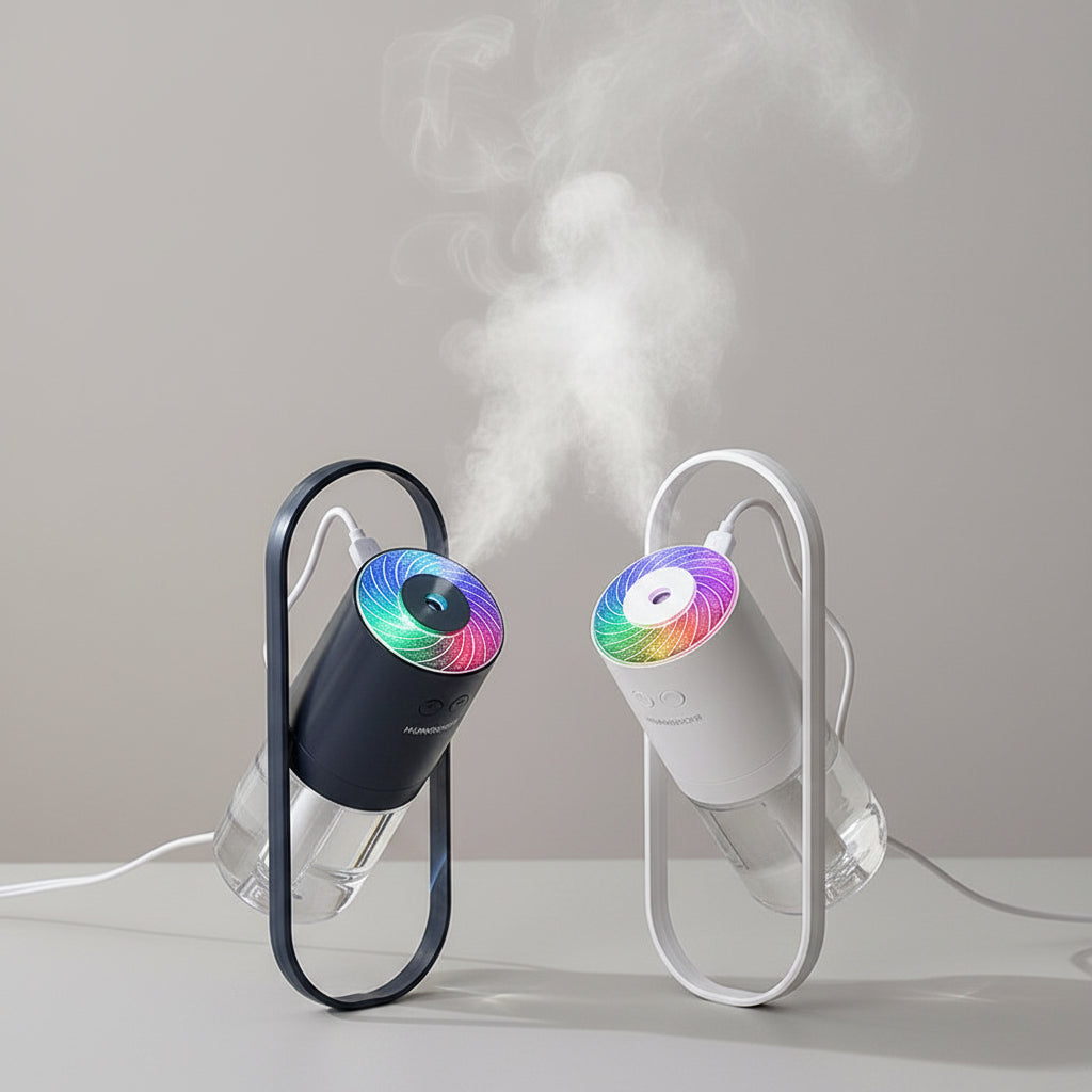 Two humidifiers on a wooden surface with text about heavy fog and healthy life moisturization.