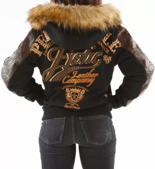 Pelle Pelle Brown Exotic Fur Hood Black Jacket image 0