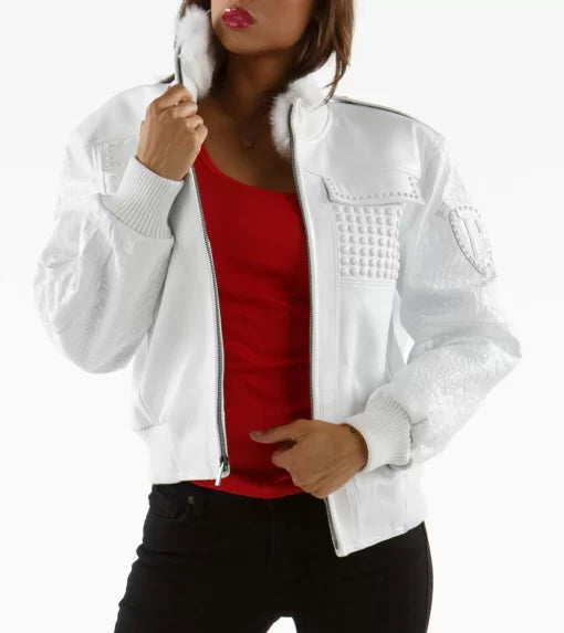 White MB Pelle Pelle Bomber Fur Studded Jacket image 0
