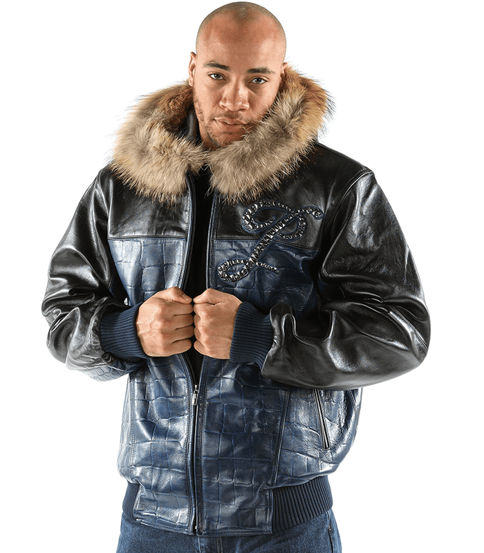 Pelle Pelle Black and Blue Leather Jacket with Fur Hood image 0