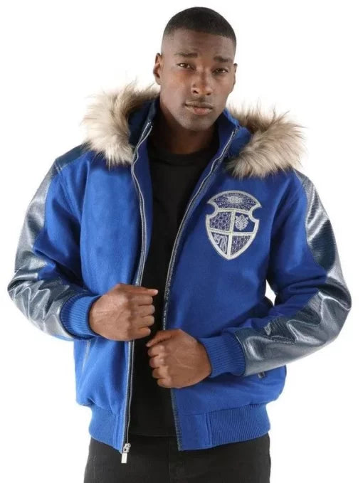 Pelle Pelle Men’s Fur Hooded Blue Leather Jacket image 0
