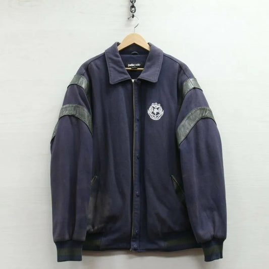 Vintage Pelle Pelle Wool Navy Blue Embroidered Bomber Jacket image 0