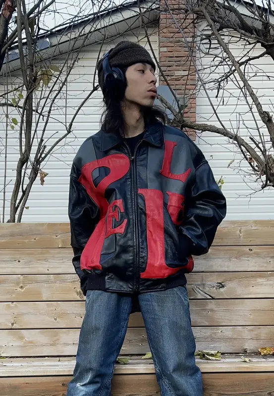 90s Pelle Pelle Spell Out Logo Black & Red Leather Jacket image 2