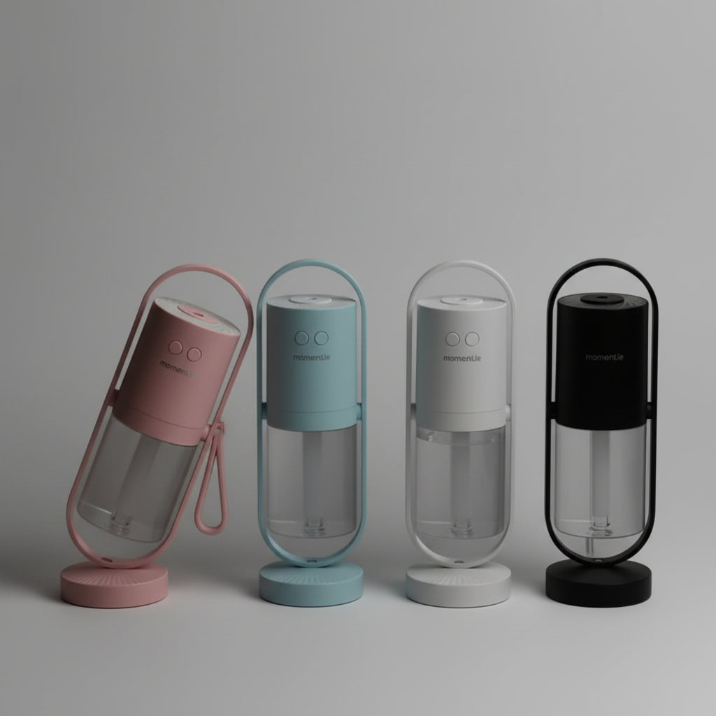 Four cylindrical light fixtures with colorful LED lighting on a dark background