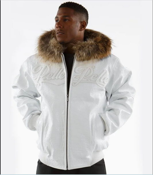 Men’s Pelle Pelle White Fur Hooded Real Leather Jacket image 0