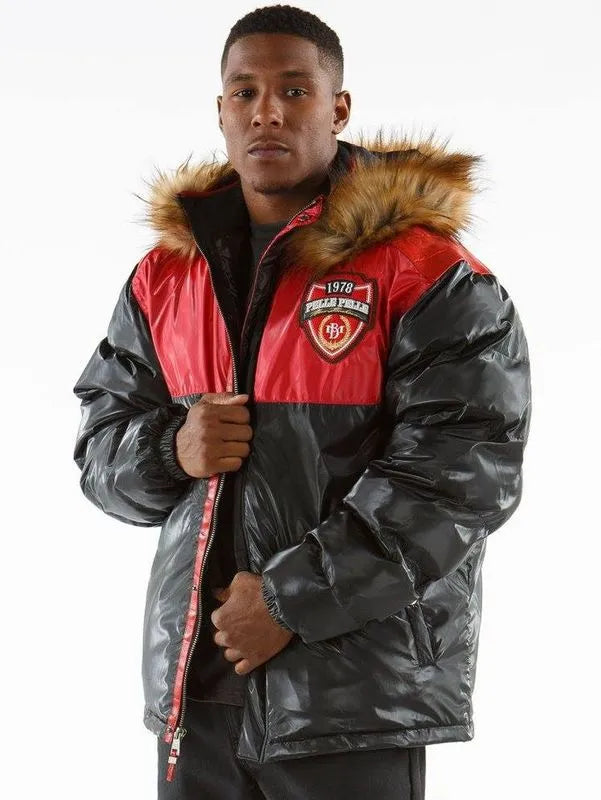 Pelle Pelle Mens Gray & Red Puffer Long Fur Hooded Coat image 0