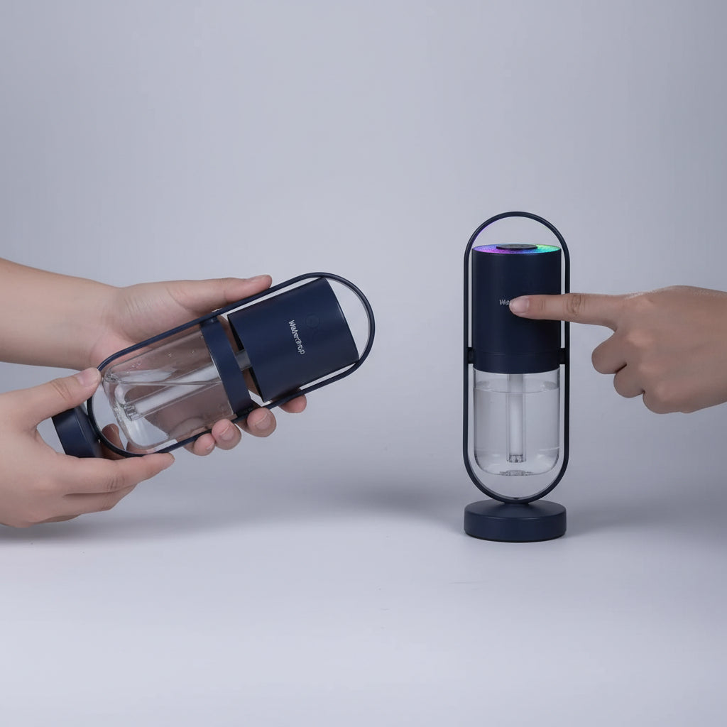 Two-step process of using a portable device with a hand tilting it and pressing a button.