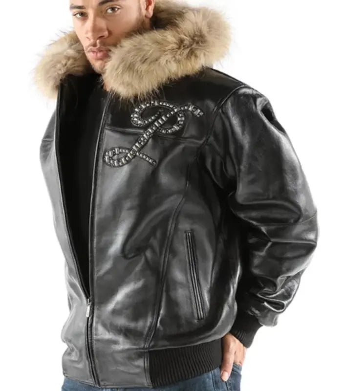 Pelle Pelle Mens Black Fur Hood Leather Jacket image 0