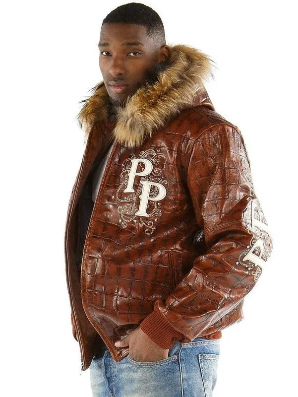 Pelle Pelle Mens Crocodile Skin Fur Hooded Brown Leather Jacket image 0