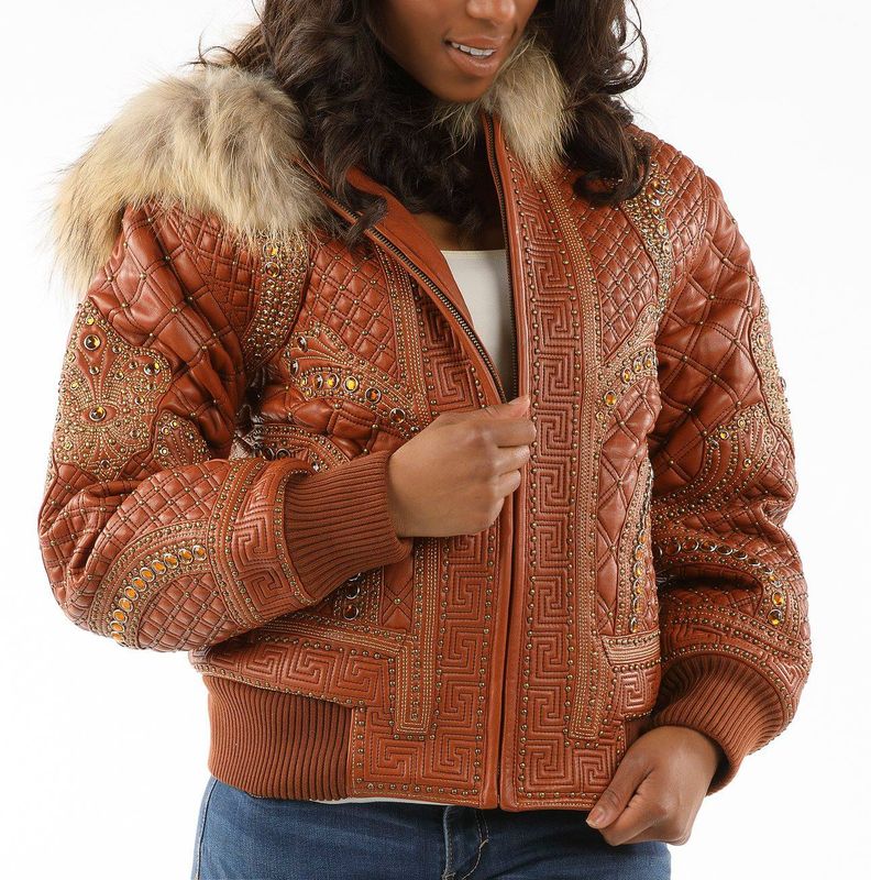 Fur Hooded Pelle Pelle Brown Studded Leather Jacket image 0