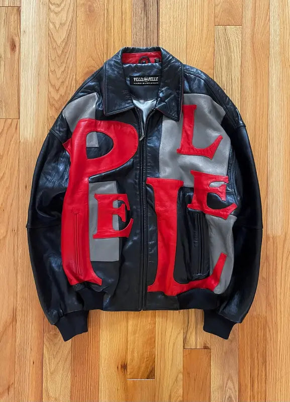 90s Pelle Pelle Spell Out Logo Black & Red Leather Jacket image 0