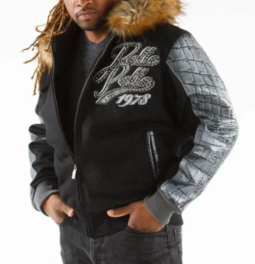 Black Pelle Pelle Exotic Fur Hood Wool Leather Jacket image 0