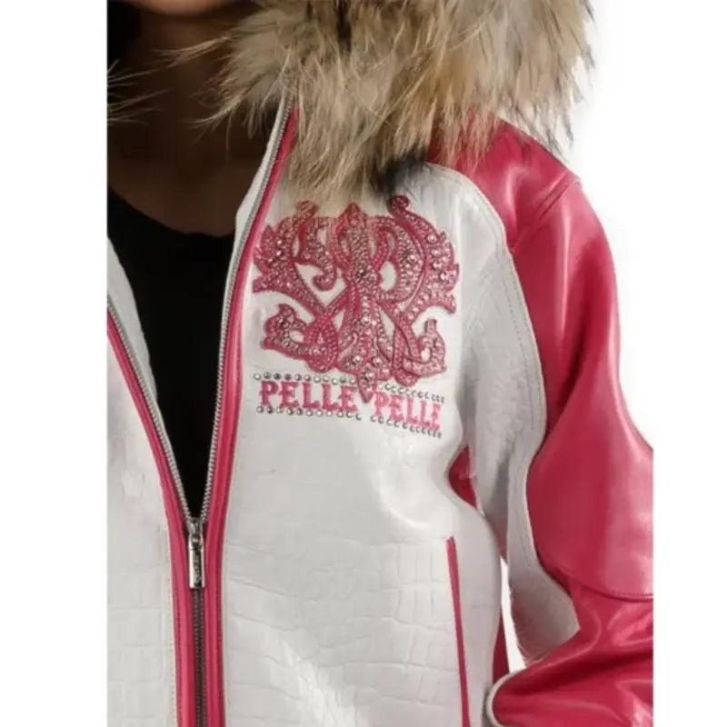 Pelle Pelle White Pink Women Leather Jacket | Fur Hood image 2