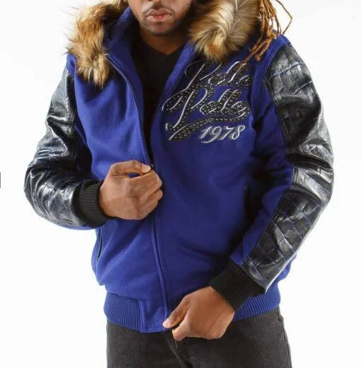 Blue Pelle Pelle Exotic Fur Hood Wool Leather Jacket image 0