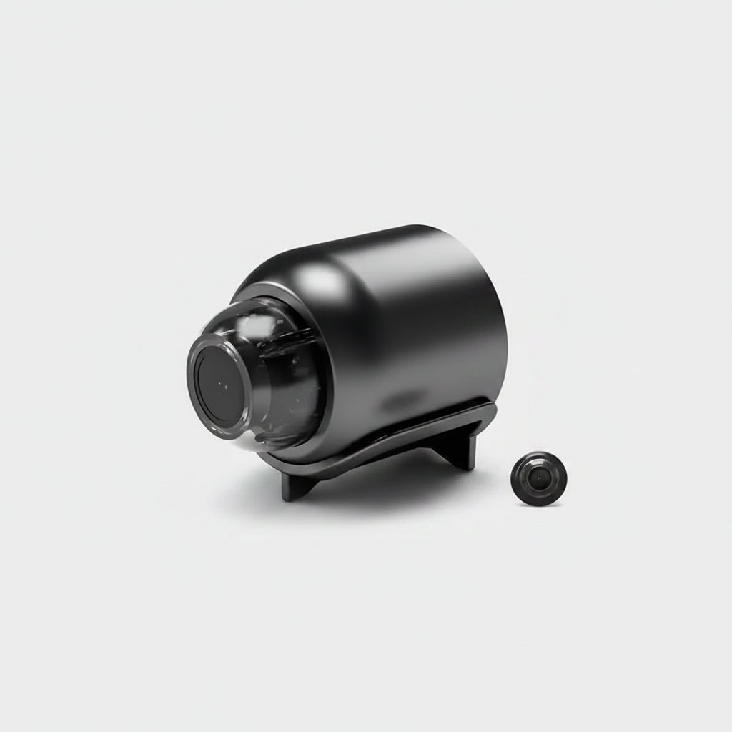 Black security camera with smartphone app interface on a white background