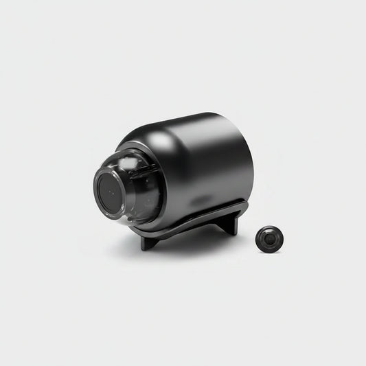 Black security camera with smartphone app interface on a white background