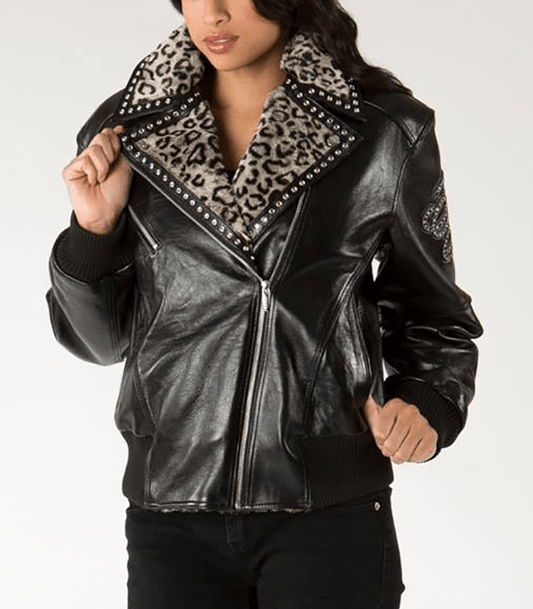 Ladies Biker Jacket with Spotted Fur Collar image 0