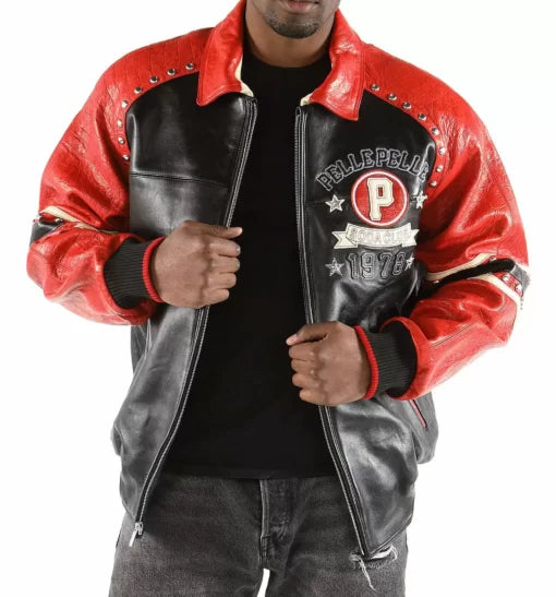 Red Black Studded Pelle Pelle Soda Club Leather Jacket image 0